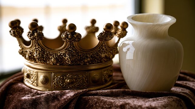 alabaster. Antique golden crown next to an open alabaster jar on rich velvet cloth. event programs, museum guides, designed for cultural heritage projects and event programs, preserves heritage.
