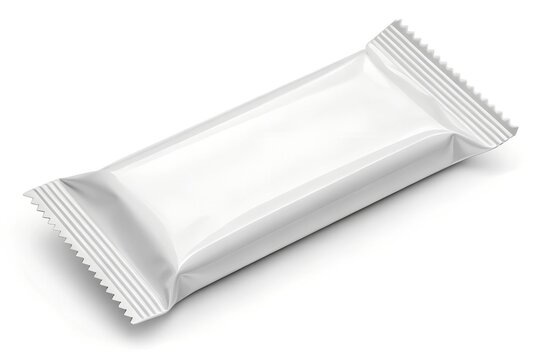 Blank white rectangular snack bar plastic packaging pouch mockup featuring a sleek glossy surface with crimped edges isolated on a clean white studio background surface