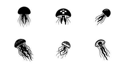 Black Jellyfish Icons, Marine Life Vector Set, Ocean Creatures Silhouette Collection © h