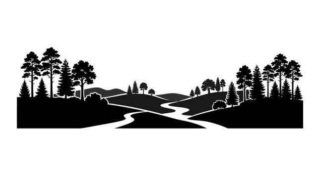 CAD tree lines Tree Black tree silhouette Black silhouette landscape, nature scene, forest, river, hills, vector icon Vector