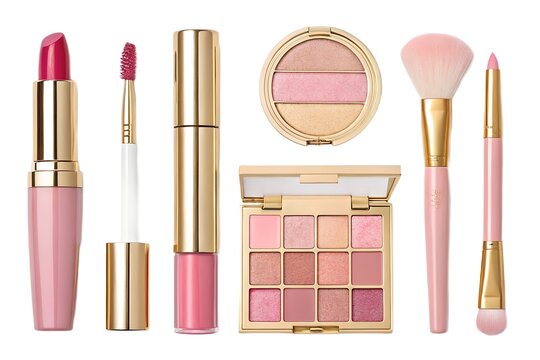 Various luxury cosmetics including lipstick lip gloss eyeshadow palette and soft makeup brushes arranged neatly on a white background for professional beauty and fashion photography projects