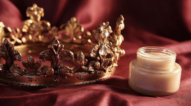 alabaster. Antique golden crown next to an open alabaster jar on rich velvet cloth. event programs, museum guides, designed for cultural heritage projects and event programs, preserves heritage.