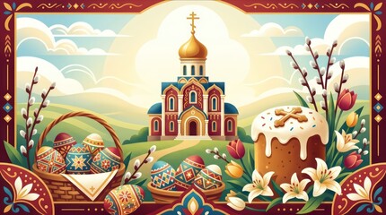 Obraz premium Orthodox Easter celebration illustration with church and traditional food.