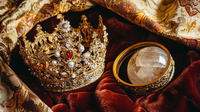 alabaster. Antique golden crown next to an open alabaster jar on rich velvet cloth. event programs, museum guides, designed for cultural heritage projects and event programs, preserves heritage.