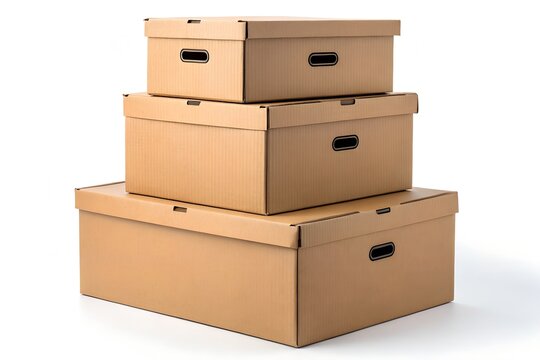 Three stacked brown cardboard storage boxes with black plastic handles arranged in a pyramid shape on a clean white background for shipping and office organization purposes