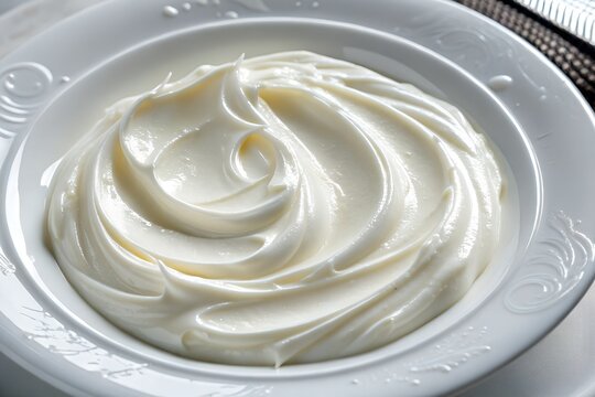 Smooth creamy white mayonnaise swirled inside a clean elegant porcelain bowl captured with bright natural lighting to highlight the rich velvet texture of the sauce