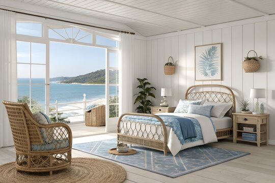 Coastal bedroom interior featuring a comfortable rattan bed frame soft blue bedding white wooden walls and a stunning panoramic view of the calm ocean horizon