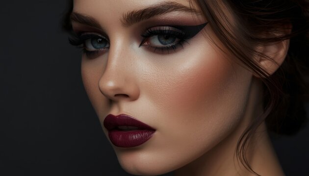Beautiful Young Woman with Dramatic Cat-Eye Eyeliner and Bold Plum Matte Lipstick Beauty Portrait