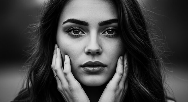 Captivating black and white portrait of a beautiful young woman with striking eyes