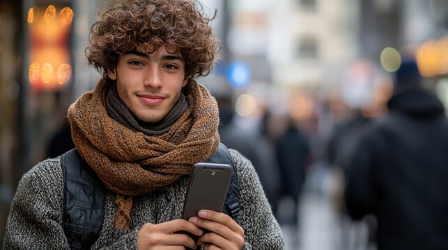Young man with curly hair, wearing a scarf and backpack, holds a smartphone while standing on a busy city street