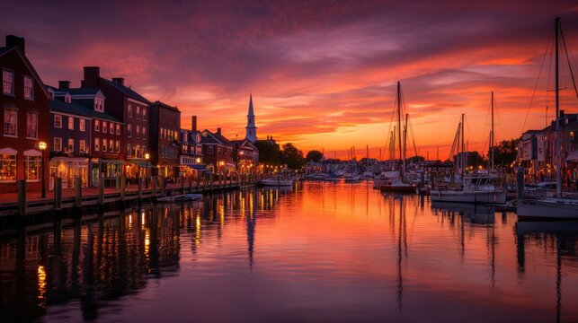 Sailboats docked at a scenic waterfront town during a fiery sunset. Perfect for travel and tourism ads.