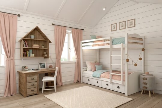 Elegant white wooden bunk bed featuring soft pastel linens and a matching study desk area inside a bright cozy kids bedroom with rustic shiplap wall panels