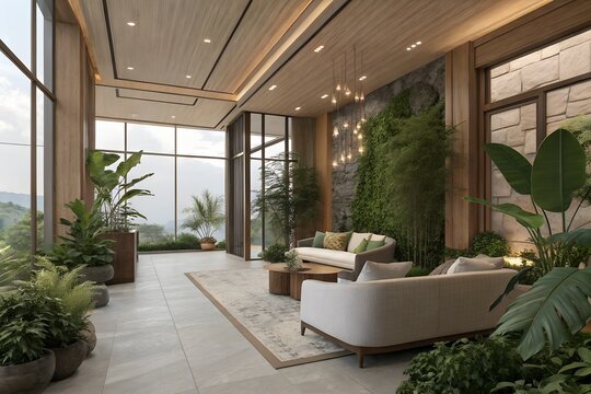 Modern luxury living room interior featuring elegant beige sofas wooden ceiling accents natural stone wall with indoor plants and large windows overlooking a scenic mountain view