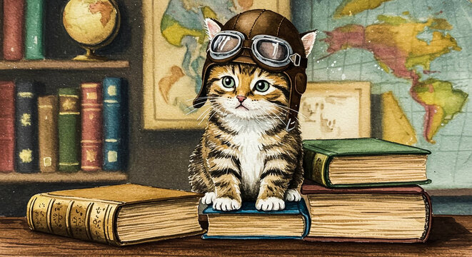 Adorable tabby kitten in aviator helmet, perched on books with a world map background