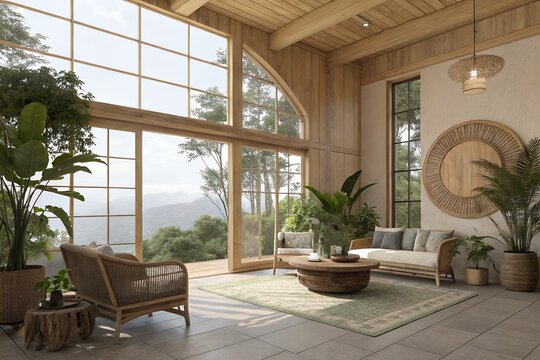 Modern living room interior featuring natural wooden textures large floor to ceiling glass windows and comfortable woven rattan furniture set against a beautiful mountain forest view