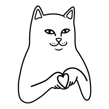 Vector isolated cute cartoon funny white cat showing fingers heart hand gesture ripndip rip n dip brand print colorless black and white easy doodle drawing