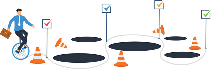 Businessman unicycle navigating difficult road overcoming obstacles risk management strategy planning success path checkpoint marker corporate journey © Mr Fikh + Haider