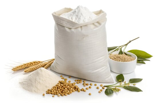 Large white woven sack filled with fine white flour surrounded by scattered raw soybeans and golden wheat stalks arranged on a clean bright white background