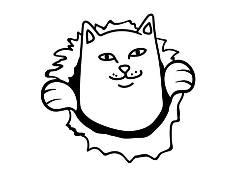 Vector isolated cute cartoon funny white cat showing fingers heart hand gesture ripndip rip n dip brand print colorless black and white easy doodle drawing