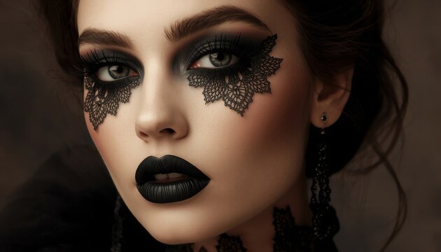 High Fashion Portrait of a Woman with Dramatic Gothic Makeup, Black Matte Lips and Lace Eye Details