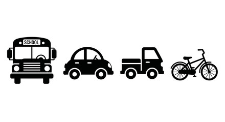 Black silhouettes of school bus car pickup truck with four black vehicle silhouettes white background transportation vehicles bicycle symbols © Pabitra