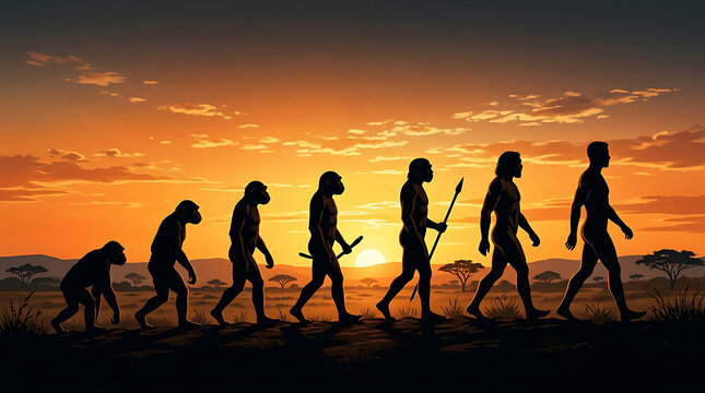Evolution of humans, human evolution, silhouette, primate to man, walking, sunset