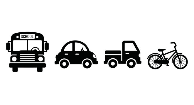 Black silhouettes of school bus car pickup truck with four black vehicle silhouettes white background transportation vehicles bicycle symbols