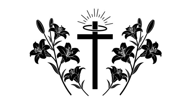 Black and white cross with halo surrounded by lilies with rays above surrounded halo sun christianity background religion flowers symbol with faith