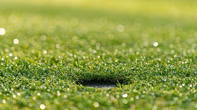 divot. Morning dew on a repaired divot on a golf course green. product launch decks, UI/UX mockups, data dashboards, designed for product launches and innovation pitches, used by devops engineers.