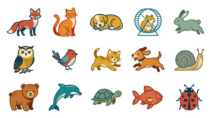 Obraz premium Diverse Cute Animal Characters Flat Vector Illustration Set for Nature, Wildlife, and Pet-Themed Designs