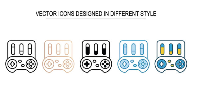 Gamepad with slider toggles vector icon set in multiple graphic styles for gaming app settings and interface design