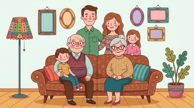 Happy multigenerational family sitting together on a sofa