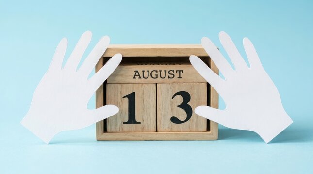 August 13 calendar date with paper hands on blue background