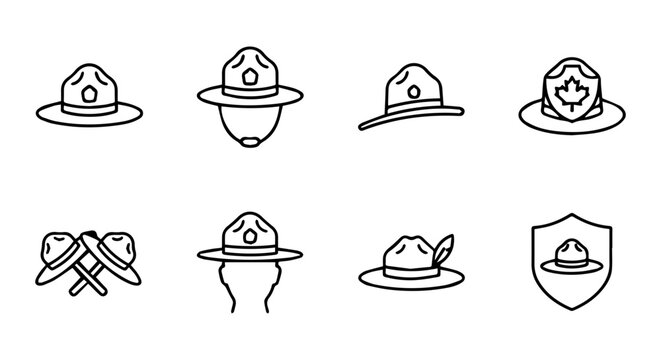 Canadian Mountie Hat Icons, Royal Canadian Mounted Police Headwear Vector Set, Law Enforcement Uniform Accessories