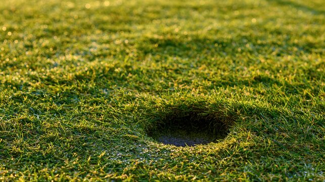 divot. Morning dew on a repaired divot on a golf course green. product launch decks, UI/UX mockups, data dashboards, designed for product launches and innovation pitches, used by devops engineers.