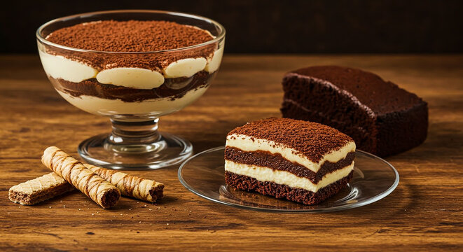 Chocolate tiramisu dessert in glass bowl with cake slices on wooden background