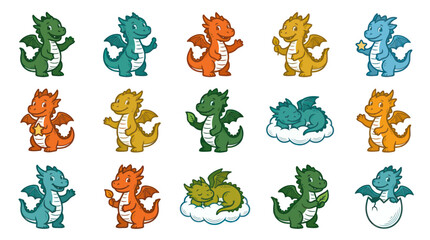 Obraz premium Cute Fantasy Baby Dragons Cartoon Illustration Vector Set for Children's Books, Games, and Mascot Design