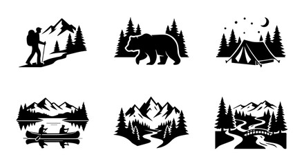 Obraz premium Outdoor Adventure Icons: Mountain Hiking, Bear, Camping Tent, Canoeing, Forest River Scenes
