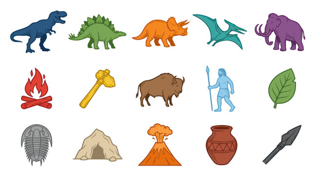 Flat Style Dinosaur and Caveman Icons: Prehistoric Life Vector Set