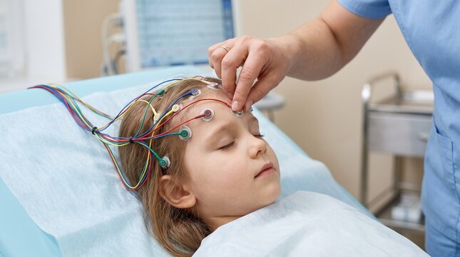Child undergoing EEG monitoring for epilepsy diagnosis in pediatric neurology care