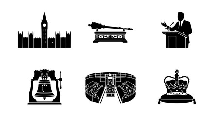 Obraz premium British Parliament Icons: Big Ben, Mace, Speaker, Bell, Chamber, Crown