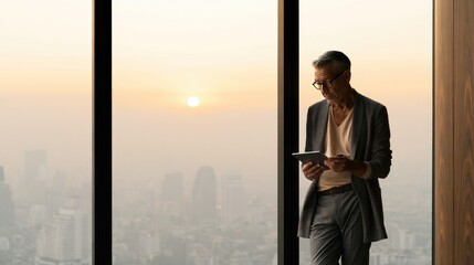 Fototapeta premium Senior Businessman in Modern Office Reading Tablet at Sunrise Over Cityscape