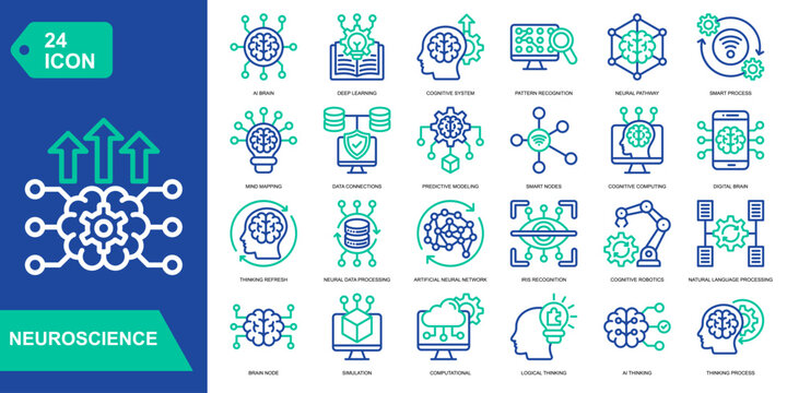 Neuroscience icon collection set. Ai Brain,Deep Learning,Cognitive System,Pattern Recognition. Line Color vector icons