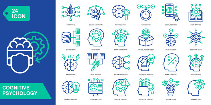 Cognitive Psychology icon collection set. Generative,Search Algorithm,Mind Research,Fast Decision. Line Color vector icons