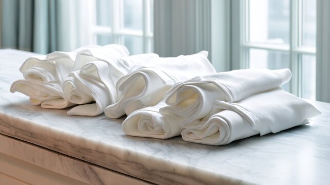 togas. Several neatly folded white togas arranged on a smooth marble bench. event programs, museum guides, designed for cultural heritage projects and event programs, used by architects.