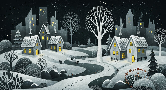 Charming Winter Village Night Scene Illustration