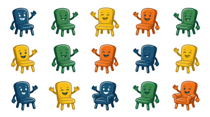 Obraz premium Happy Cartoon Chair Characters Flat Vector Illustration Set for Kids Furniture and Early Childhood Education