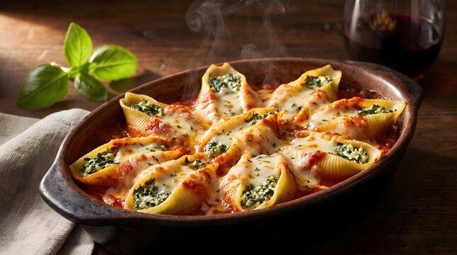 Rustic baked spinach and ricotta stuffed pasta shells in tomato sauce