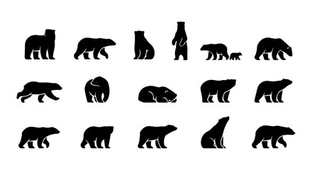 Fototapeta premium Polar Bear Icons, Arctic Wildlife Vector Set, Animal Silhouettes Collection