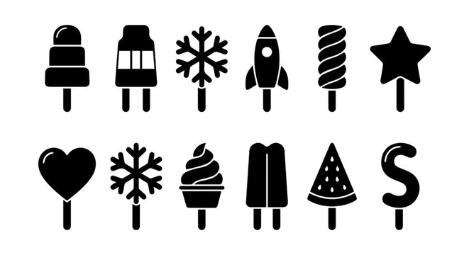 Vector Ice Cream Popsicle Icons Set, Sweet Frozen Treats, Summer Refreshment Symbols